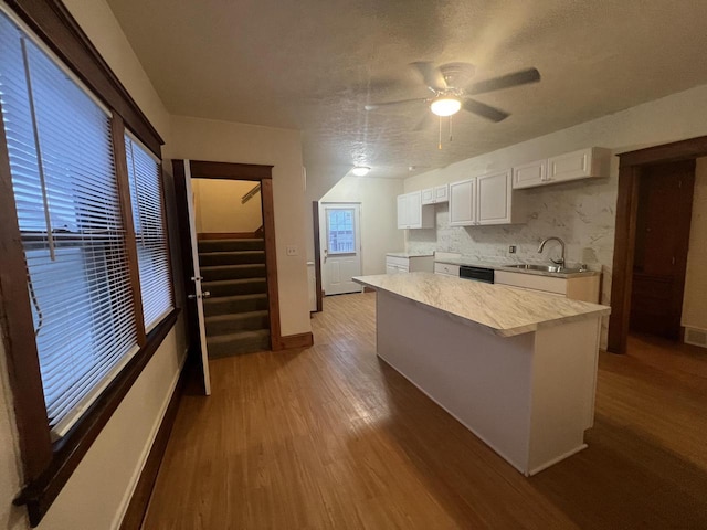 kitchen with tasteful backsplash, sink, hardwood / wood-style flooring, dishwasher, and white cabinets