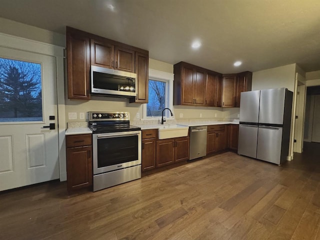 kitchen featuring dark wood-type flooring, sink, stainless steel appliances, and dark brown cabinets