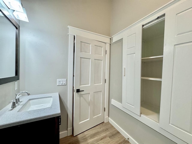 bathroom featuring hardwood / wood-style flooring and vanity