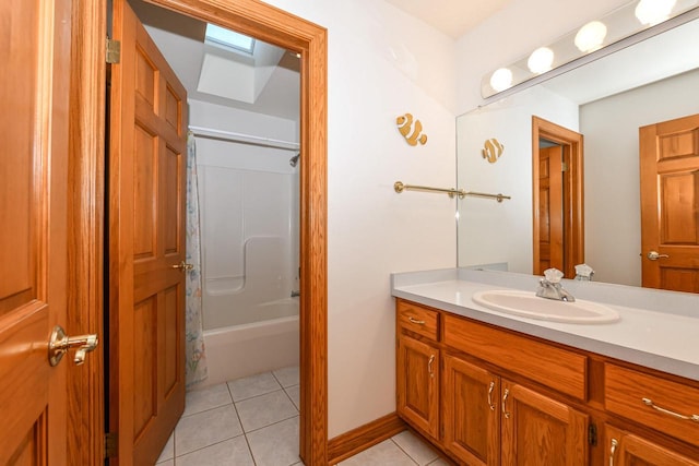 bathroom featuring tile patterned flooring, vanity, and  shower combination