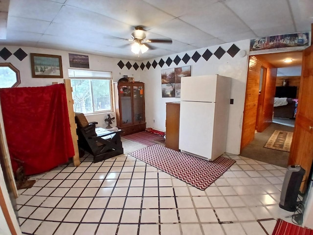 kitchen featuring white refrigerator and ceiling fan