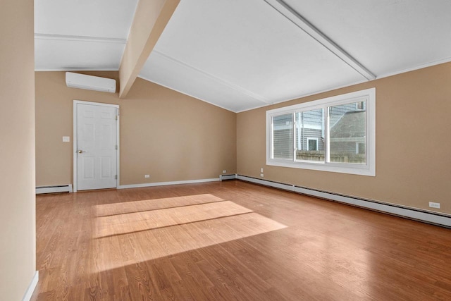 unfurnished room with a wall mounted air conditioner, hardwood / wood-style floors, vaulted ceiling with beams, and baseboard heating