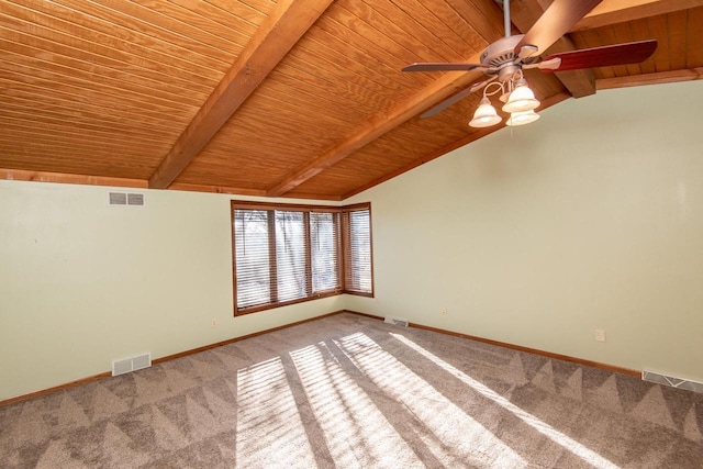 carpeted spare room with vaulted ceiling with beams, ceiling fan, and wooden ceiling