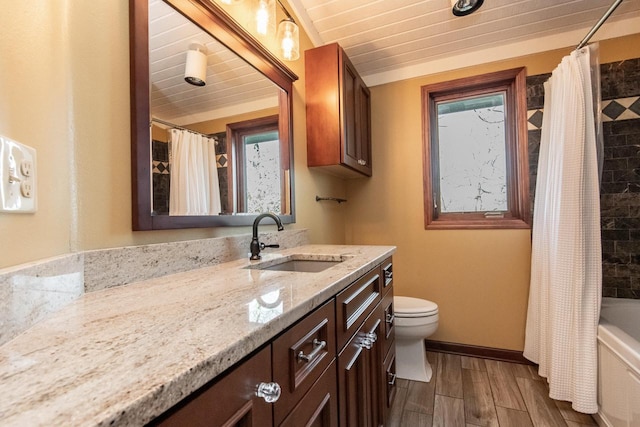 full bathroom featuring shower / bath combination with curtain, vanity, wooden ceiling, and toilet