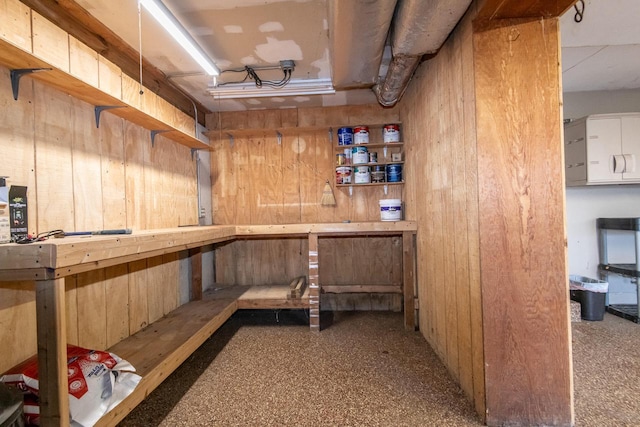 basement featuring light colored carpet and wood walls