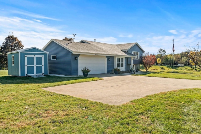 ranch-style home featuring a garage, a storage shed, and a front yard