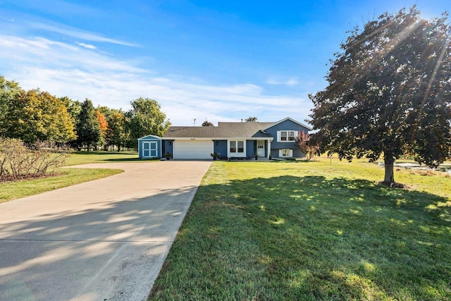 single story home with a garage, a front lawn, and a shed