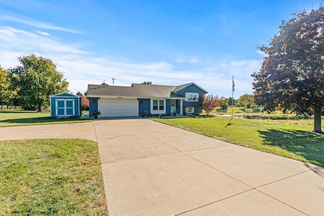 ranch-style home with a front lawn and a storage shed