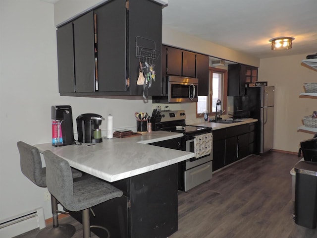 kitchen featuring kitchen peninsula, a kitchen breakfast bar, stainless steel appliances, baseboard heating, and sink