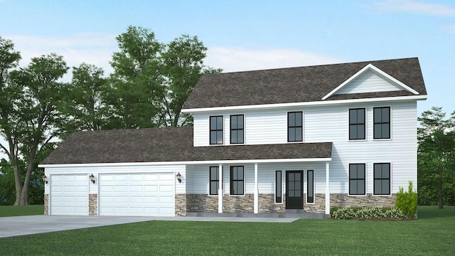 view of front of home featuring a front yard and a garage