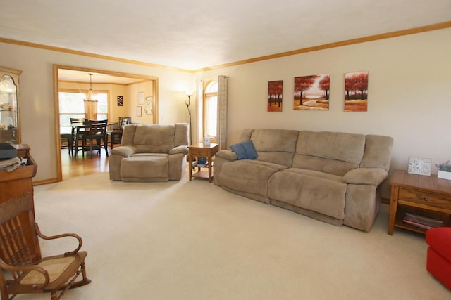 carpeted living room featuring crown molding