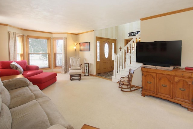 carpeted living room with crown molding