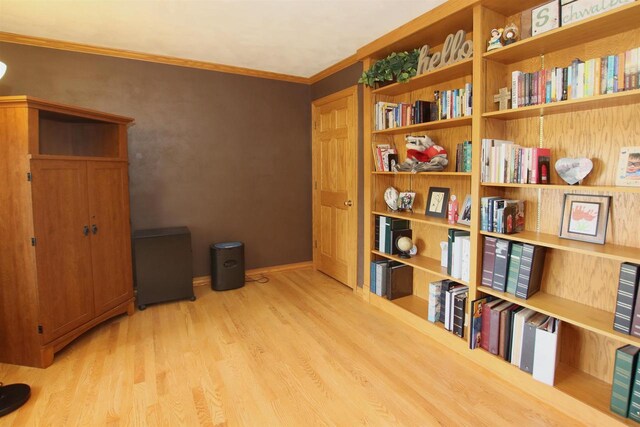 interior space featuring ornamental molding and light hardwood / wood-style flooring