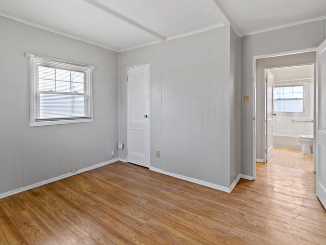 empty room featuring light hardwood / wood-style flooring, a healthy amount of sunlight, and ornamental molding