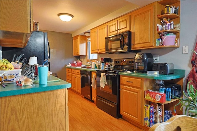 kitchen featuring black appliances, sink, and light hardwood / wood-style flooring