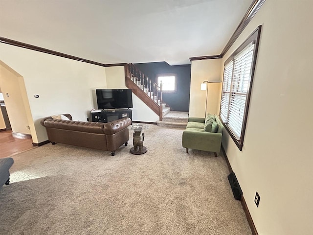 carpeted living room featuring crown molding