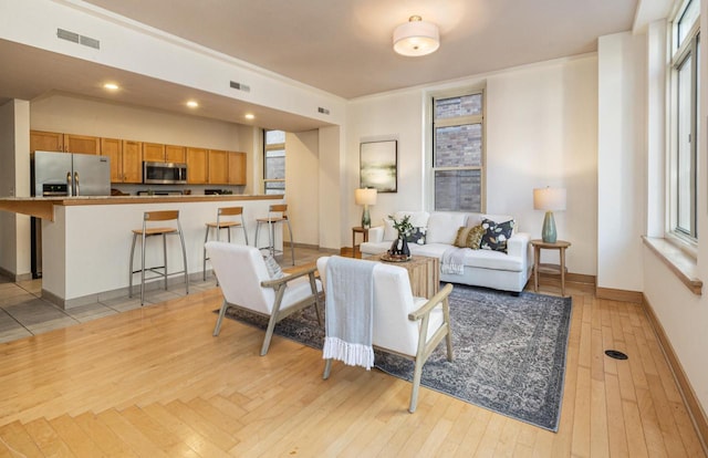 living room with light hardwood / wood-style flooring