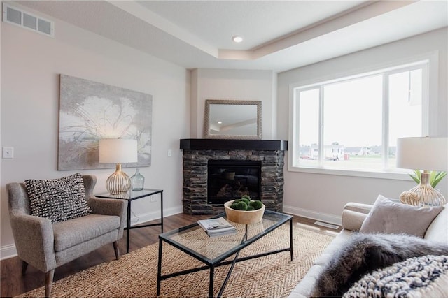 living room featuring a fireplace and hardwood / wood-style floors