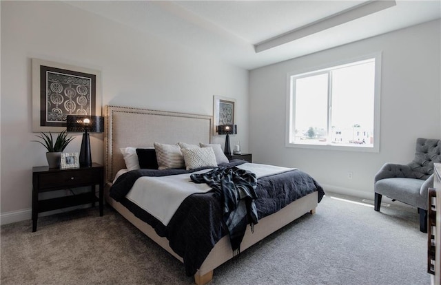 carpeted bedroom featuring a raised ceiling