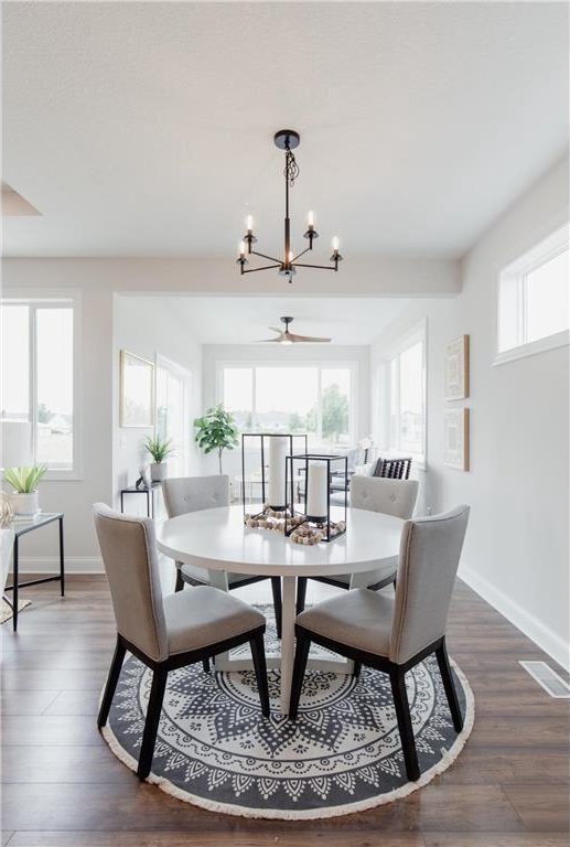 dining area with dark hardwood / wood-style flooring and ceiling fan with notable chandelier