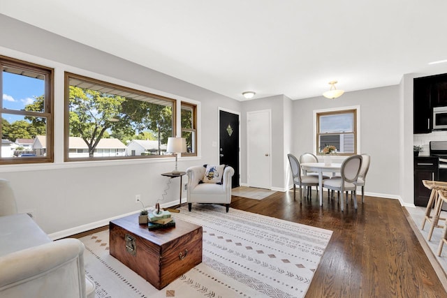 living room with plenty of natural light and dark hardwood / wood-style flooring