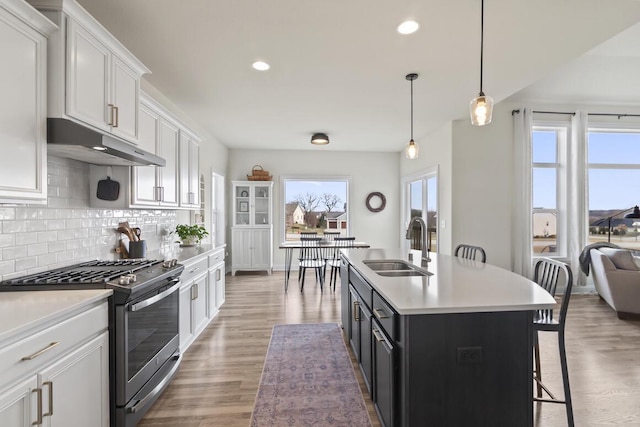 kitchen with stainless steel gas range oven, sink, hanging light fixtures, an island with sink, and white cabinetry