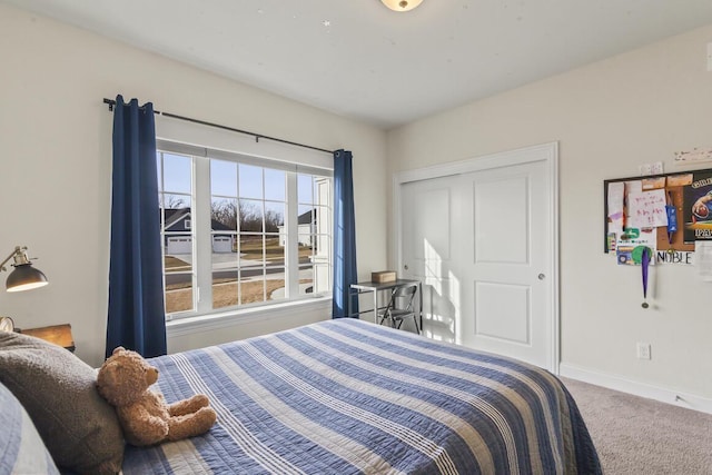 bedroom with carpet flooring, a closet, and multiple windows