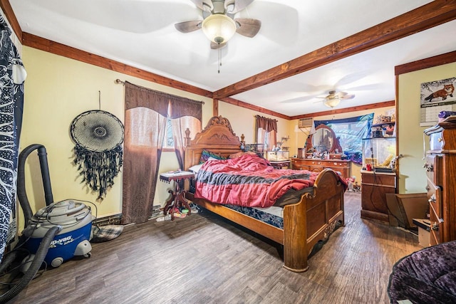 bedroom with beamed ceiling, hardwood / wood-style floors, ceiling fan, and crown molding