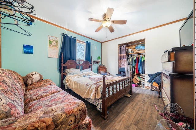 bedroom featuring dark hardwood / wood-style floors, a closet, ornamental molding, and ceiling fan