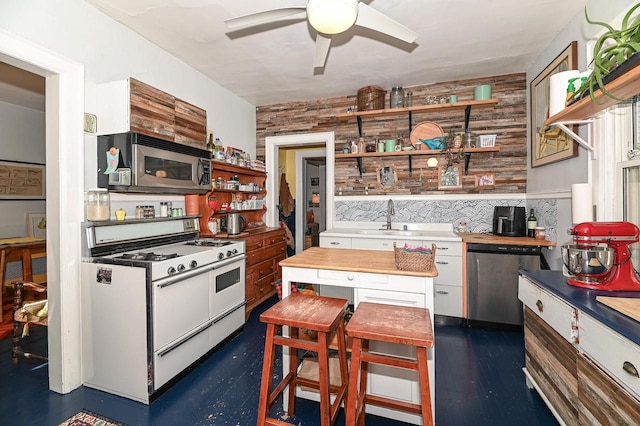 kitchen featuring white cabinetry, sink, ceiling fan, stainless steel appliances, and tasteful backsplash