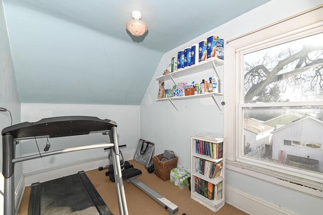 workout room featuring carpet and lofted ceiling