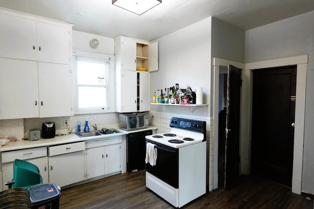 kitchen with electric range, dishwasher, sink, tasteful backsplash, and white cabinets