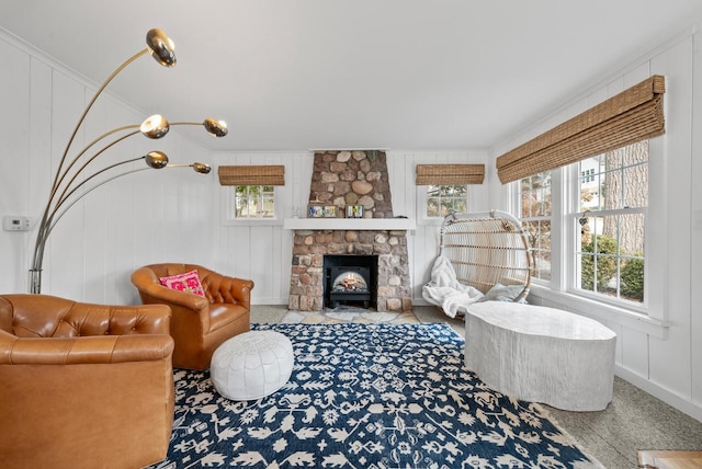 living room with ornamental molding