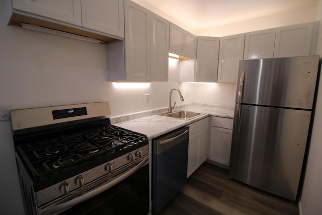 kitchen with dark hardwood / wood-style flooring, sink, light stone counters, and stainless steel appliances