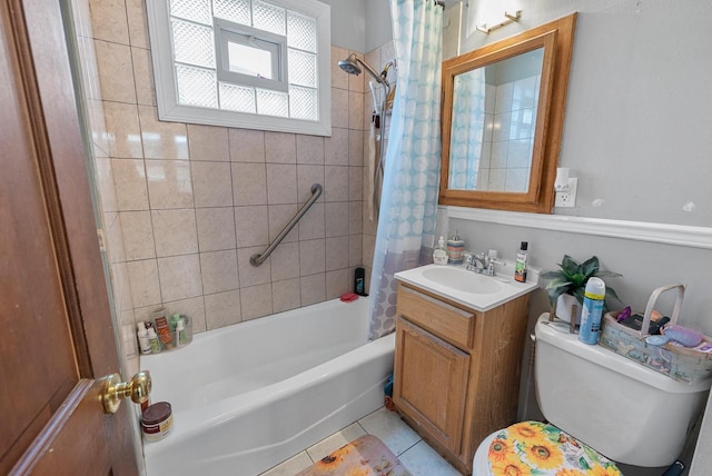 full bathroom featuring vanity, tile patterned flooring, shower / bathtub combination with curtain, and toilet