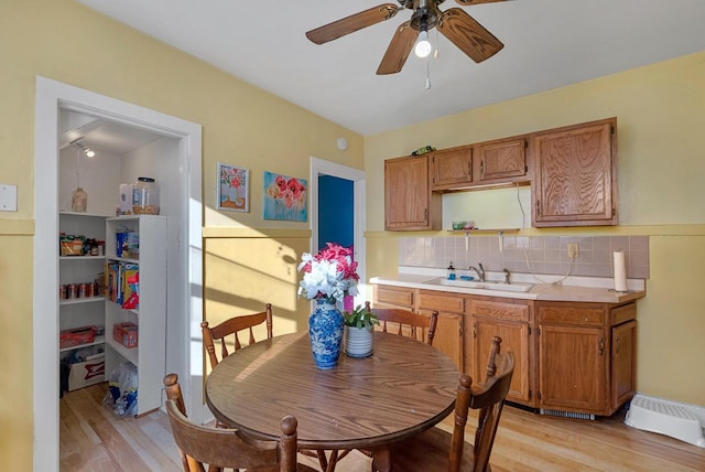 kitchen featuring backsplash, light hardwood / wood-style floors, ceiling fan, and sink