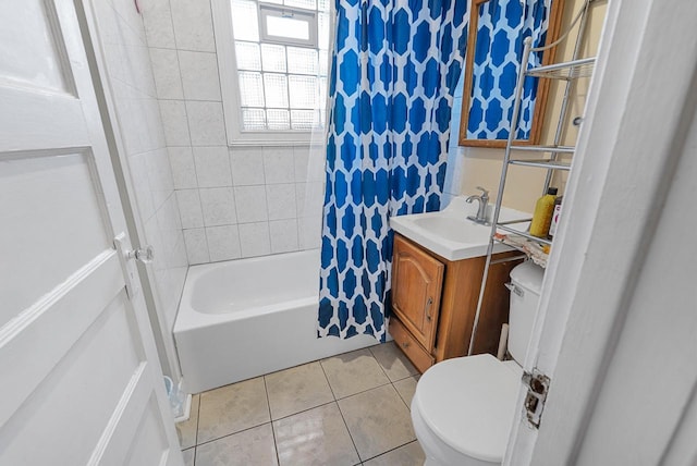 full bathroom featuring tile patterned floors, vanity, toilet, and shower / bathtub combination with curtain