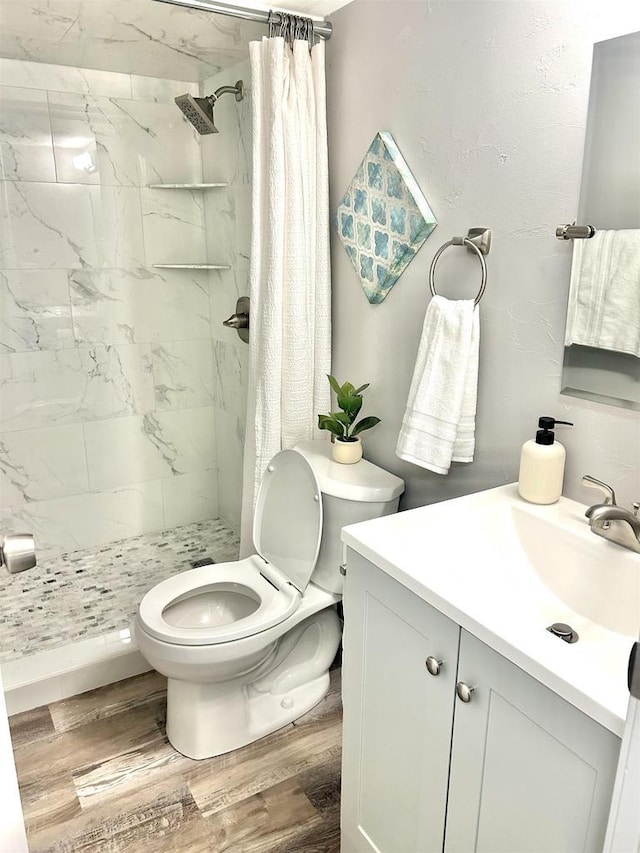 bathroom featuring hardwood / wood-style floors, vanity, toilet, and a shower with shower curtain