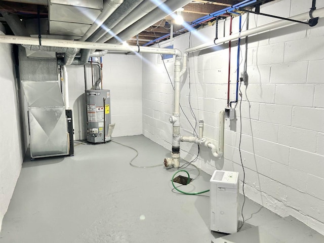 basement with gas water heater and heating unit