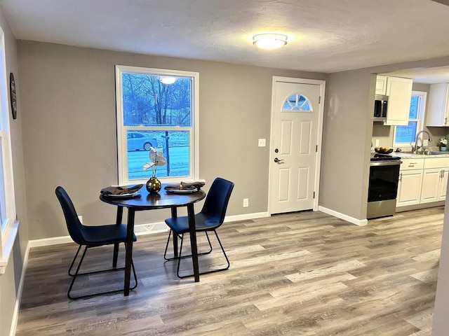 dining space with light hardwood / wood-style flooring, a textured ceiling, and sink