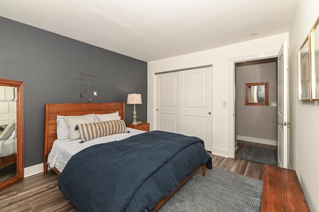 bedroom featuring dark wood-type flooring and a closet