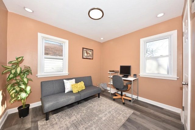 home office featuring dark hardwood / wood-style flooring