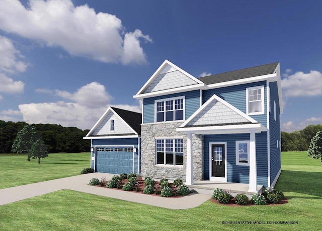 craftsman inspired home featuring a front yard and a garage