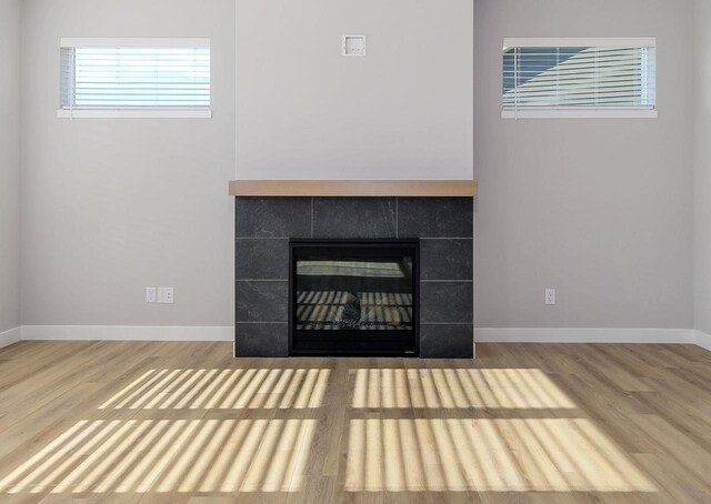 3620 Angelus Way, Cross Plains, WI 53528 - details with baseboards, a tiled fireplace, and wood finished floors