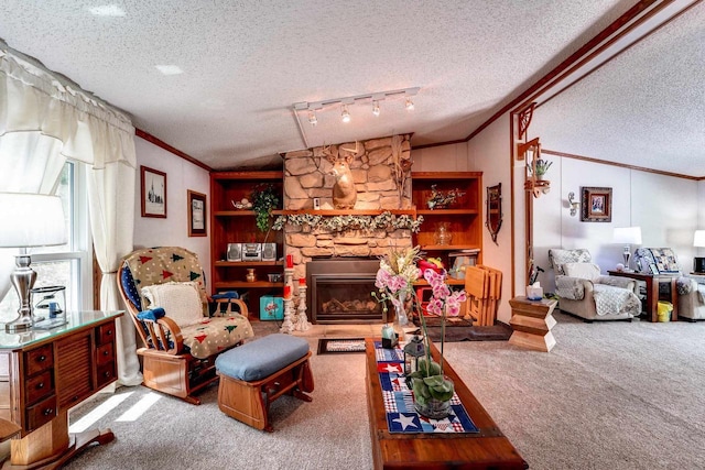 carpeted living room with a fireplace, a textured ceiling, rail lighting, and ornamental molding