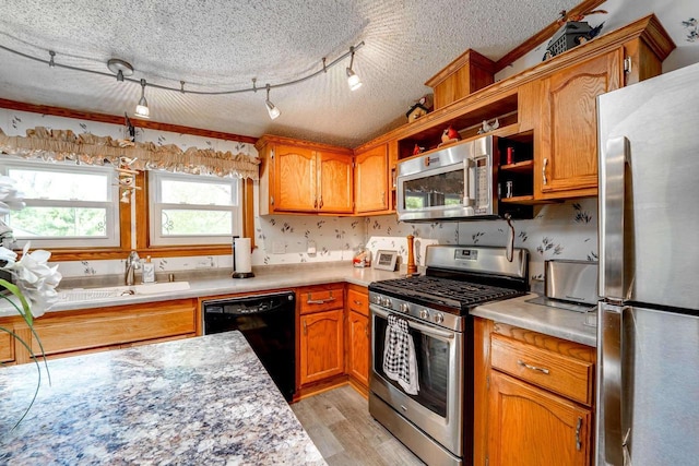 kitchen with rail lighting, sink, light hardwood / wood-style flooring, a textured ceiling, and stainless steel appliances