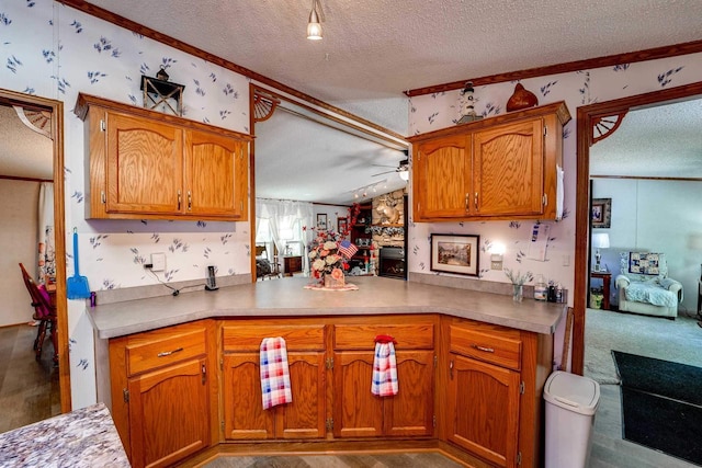 kitchen featuring ceiling fan, kitchen peninsula, and a textured ceiling