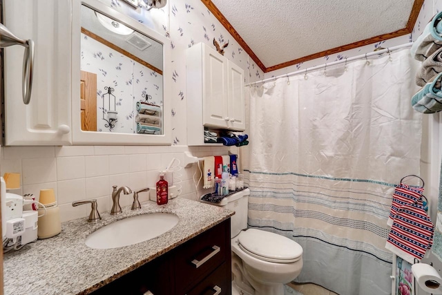 bathroom with decorative backsplash, vanity, a textured ceiling, crown molding, and toilet