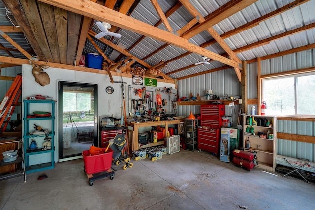 garage with a workshop area