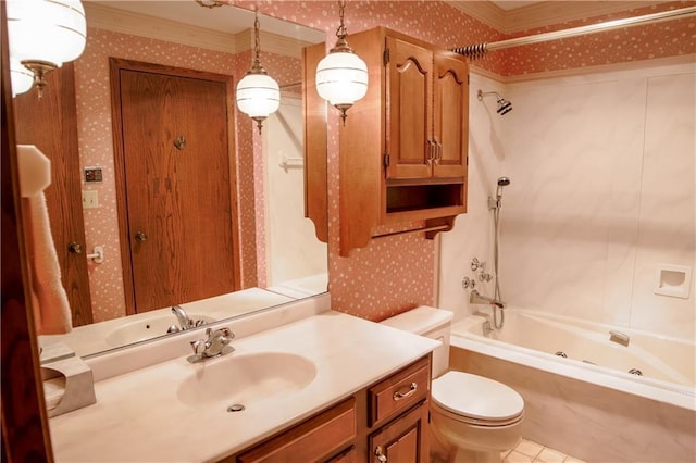 full bathroom with tile patterned floors, shower / bathtub combination, ornamental molding, vanity, and toilet